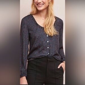 Anthropologie Dolan navy blue animal print Boho top with ruffled collar.